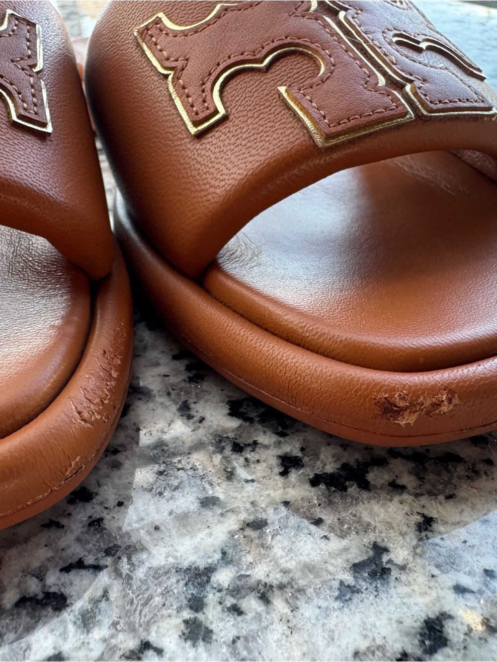 Tory Burch Cognac Leather Slide Sandals with Logo Accent - Picture 7 of 12